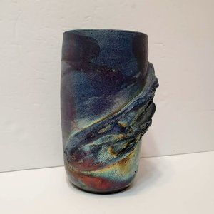 Iridescent Metallic Raku Pottery Vase, Signed